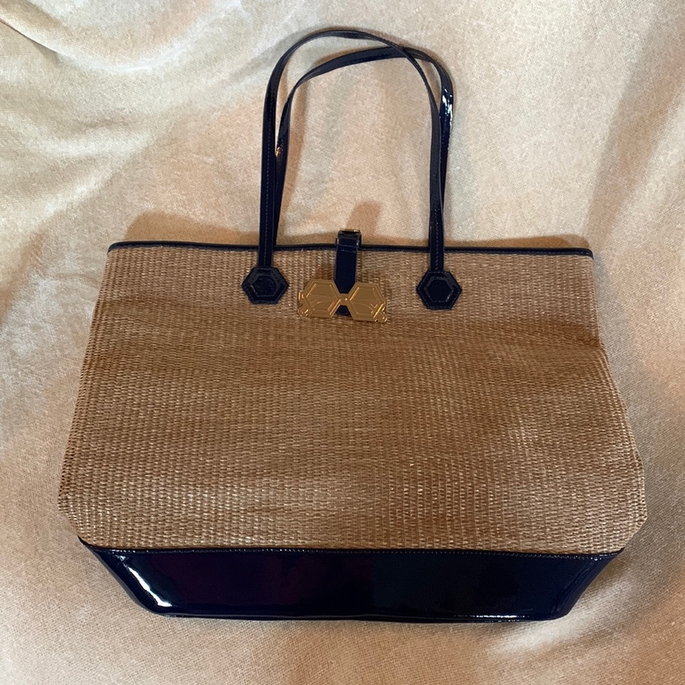 Jonathan Adler straw and blue patent leather tote